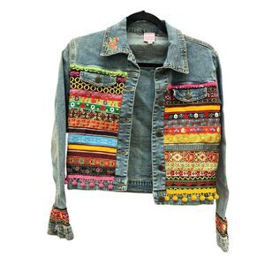 Lana Embellished Denim Jacket Girls 12 Colorful Ribbon Made in USA Button Front